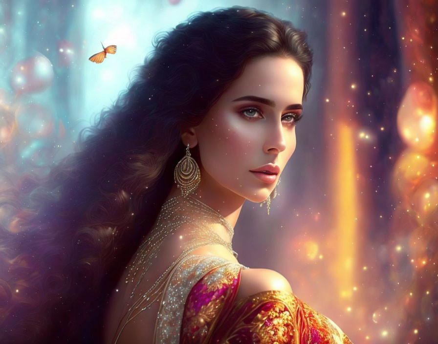 Dark-haired woman in ornate attire with captivating eyes, butterfly, and magical backdrop.