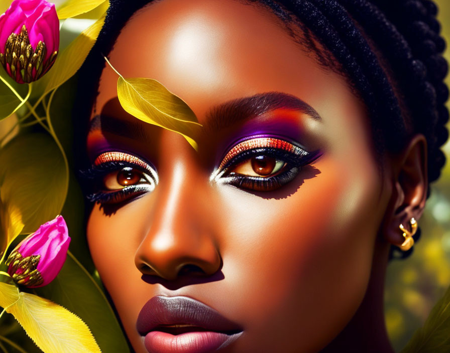 Vibrant makeup close-up in lush greenery with pink flowers