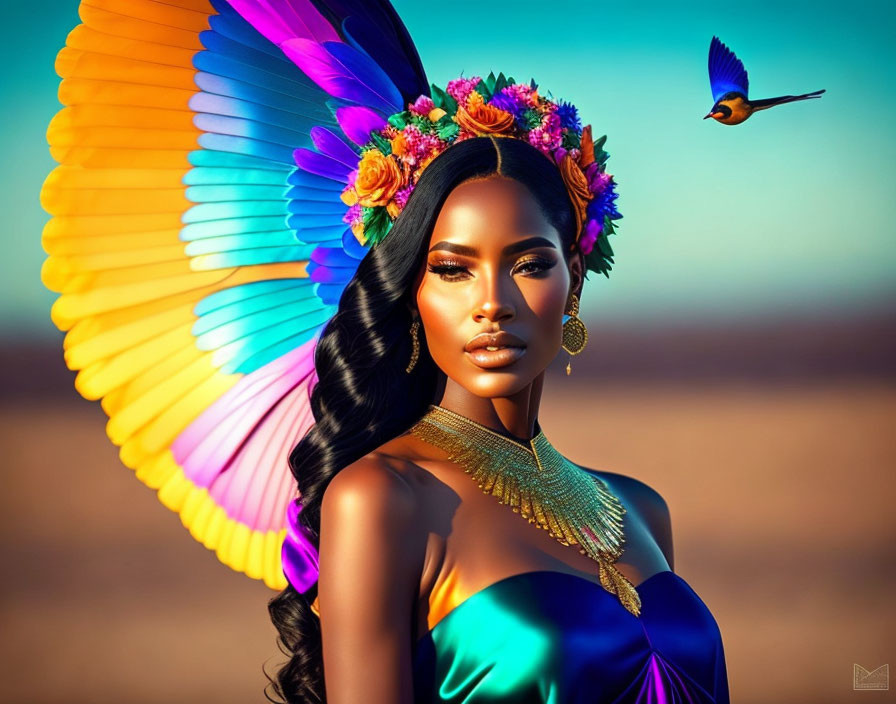 Colorful digital artwork: Woman with peacock feathers, floral headpiece, jewelry, and bird.