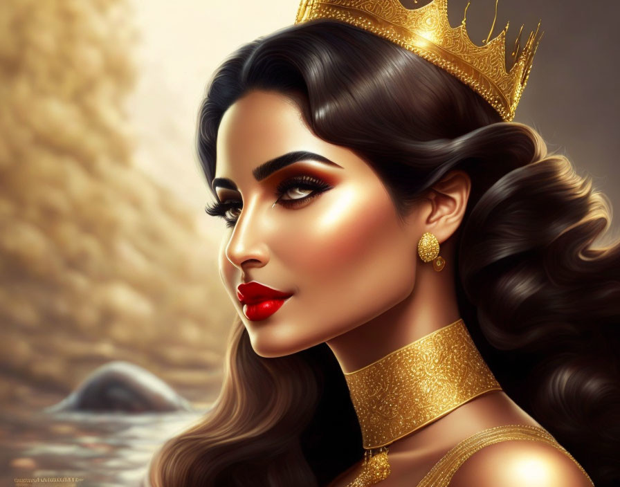 Regal woman with dark hair in golden crown and red lipstick