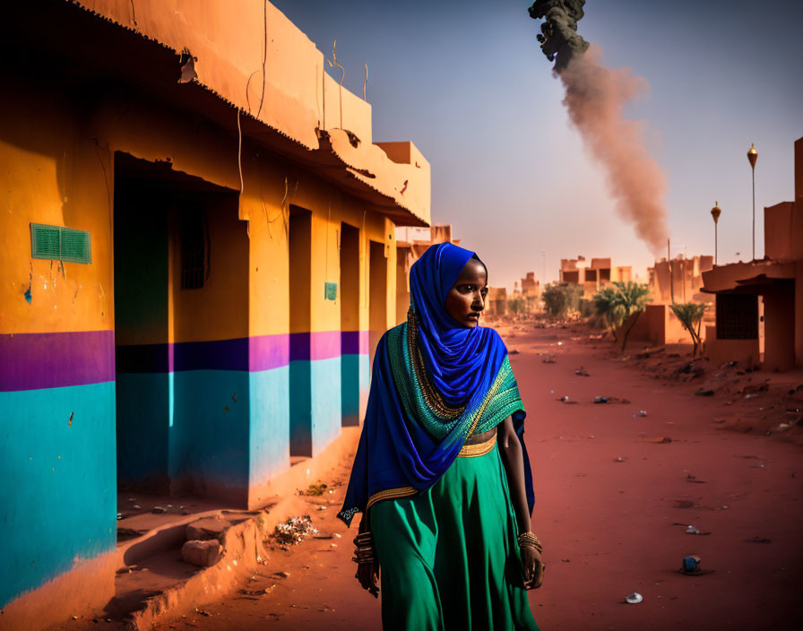 Woman in Blue and Green Attire Walking Past Colorful Buildings at Dusk