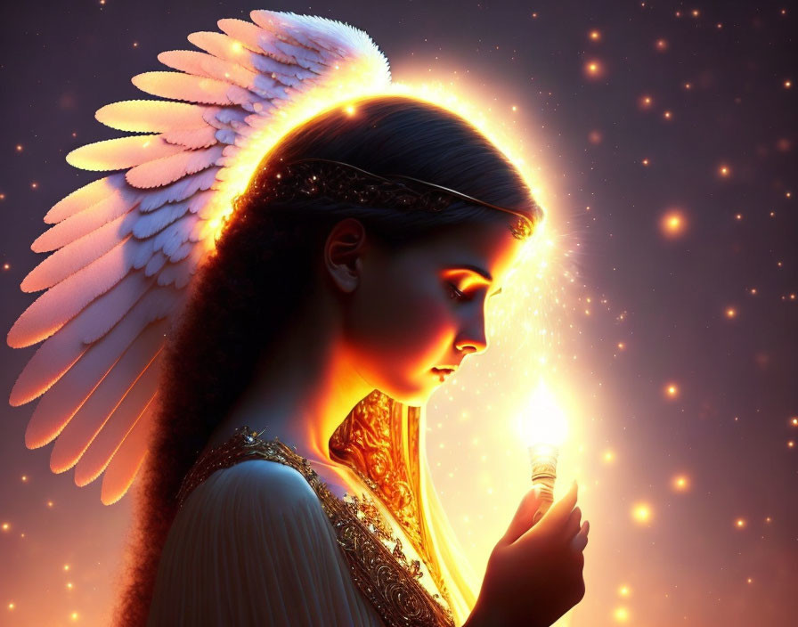 Mystical angelic figure with glowing wings and radiant light in hand surrounded by warm, starry