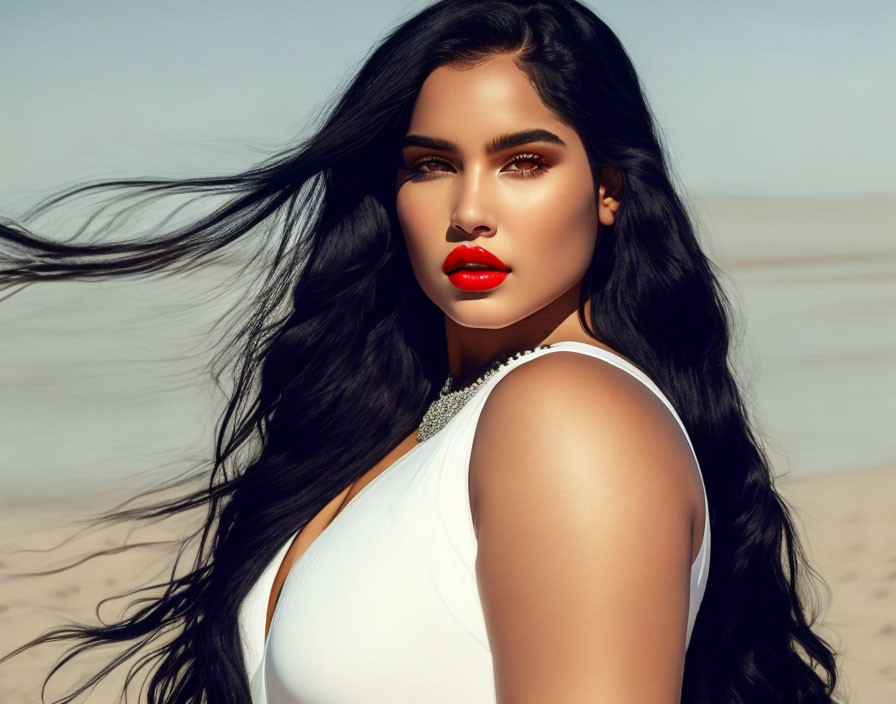 Woman with long black hair and red lipstick on beach with wind-blown hair