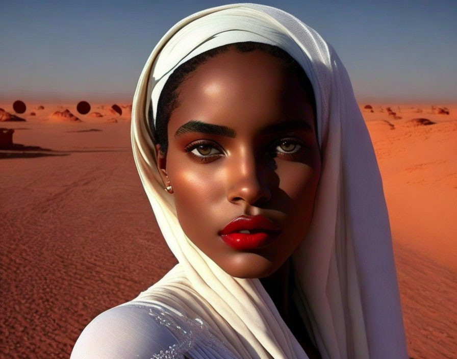 Portrait of woman with white headscarf in desert landscape with balloons