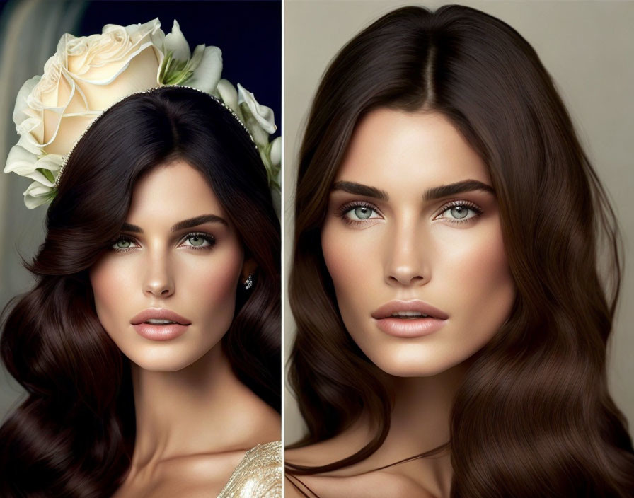 Digital artwork: Woman with wavy brown hair, green eyes, makeup, white roses, and pearls