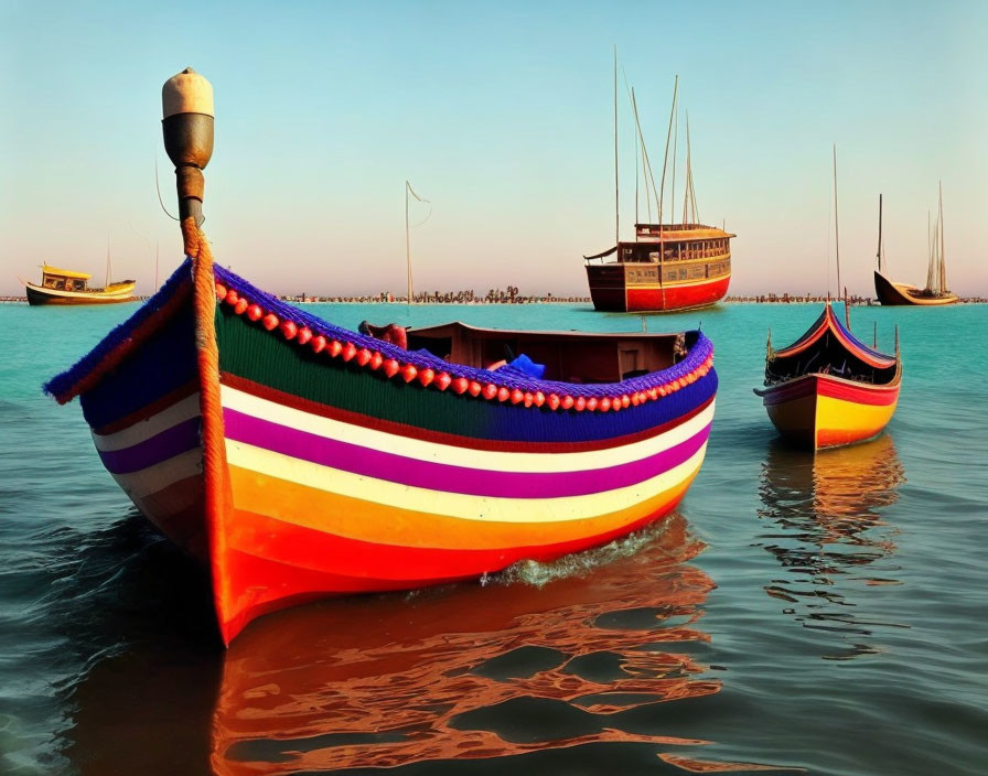 Vivid Striped Boats on Tranquil Water at Sunset