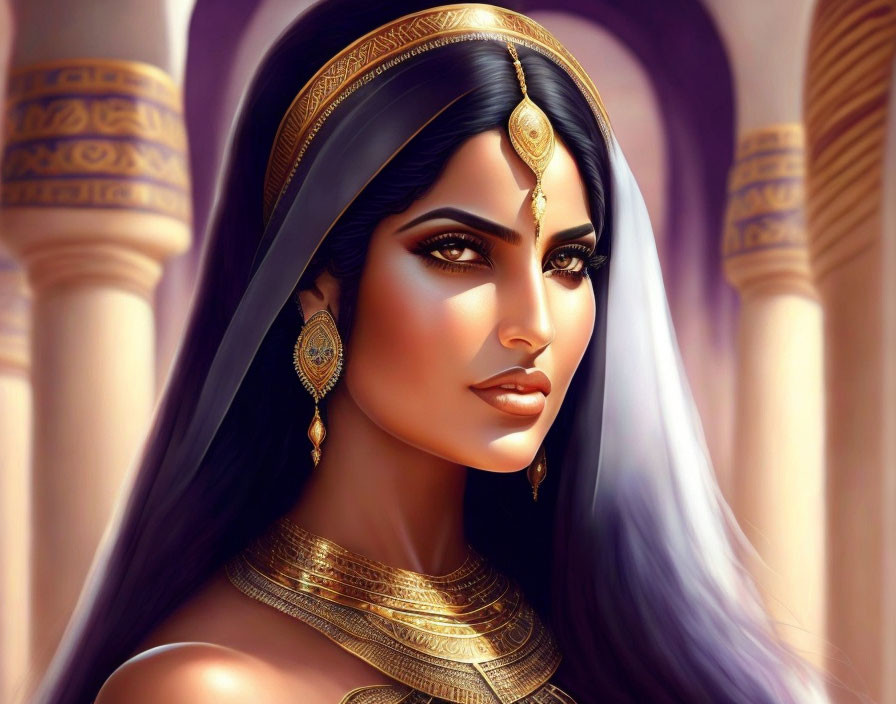 Animated Woman with Striking Features and Gold Jewelry in Front of Elegant Columns