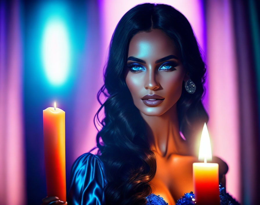 Dark-haired woman with blue eye makeup holding lit candles in neon light