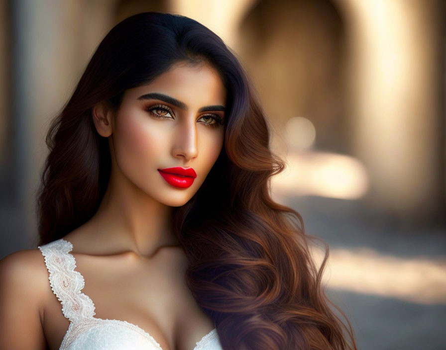 Woman with long wavy hair in white lace dress and red lipstick