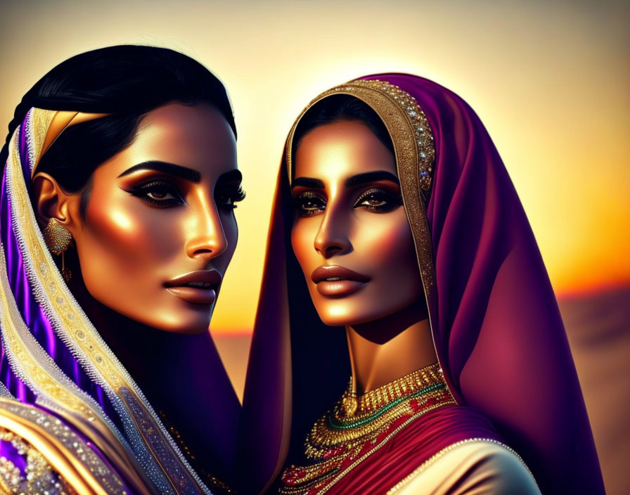 Traditional South Asian Attire: Two Women with Intricate Jewelry at Sunset