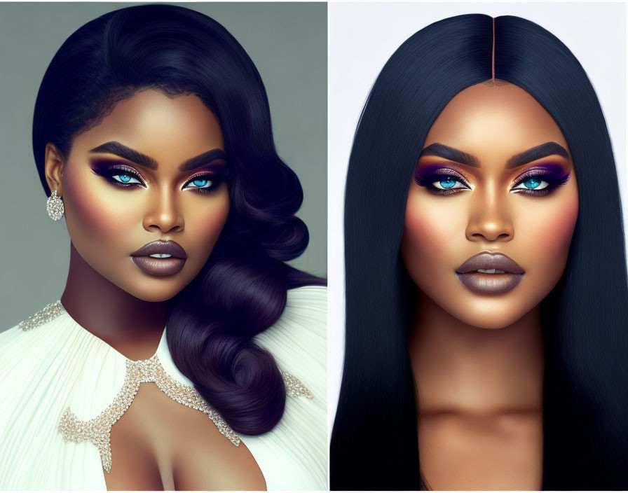 Two portraits of a woman with dramatic makeup and sleek hairstyles on a gray backdrop