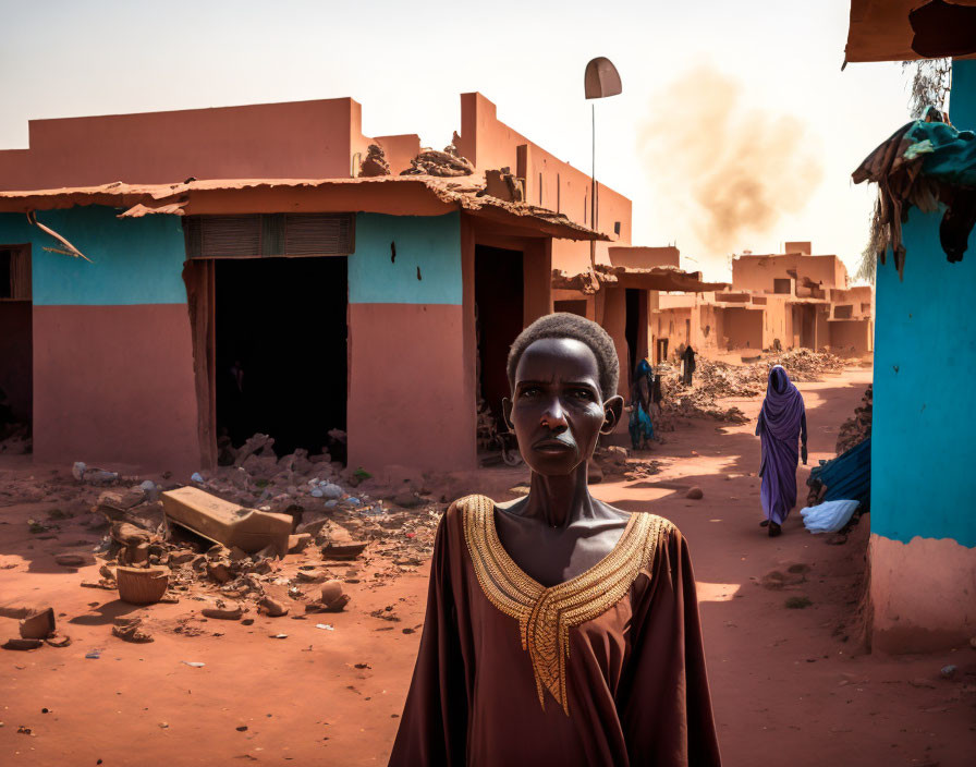 Colorful Houses with Open Doorways on Dusty Street and Hazy Sky