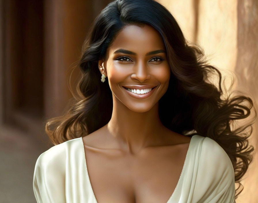 Smiling woman with radiant complexion and flowing hair in v-neck top on earthy background