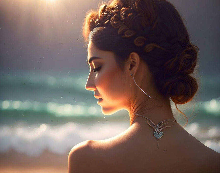 Digital artwork of woman with braided updo gazing at ocean in soft sunlight