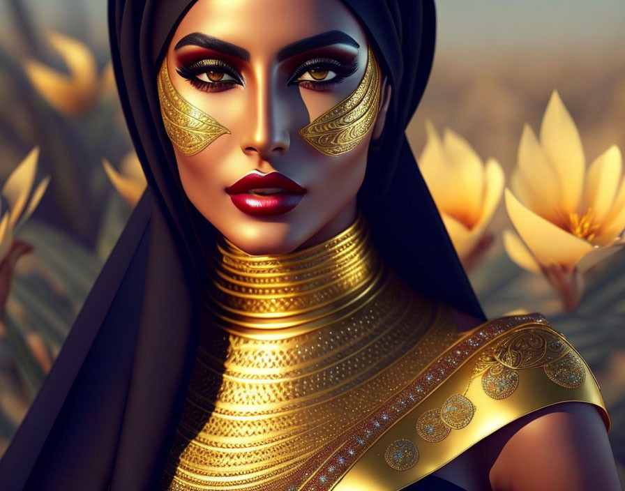 Illustrated portrait of woman with dramatic eye makeup and golden jewelry against warm-hued flower background