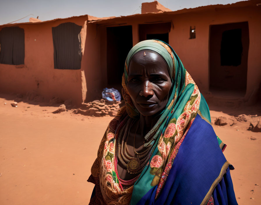 Colorfully dressed woman with traditional jewelry in front of red earthen building under clear sky