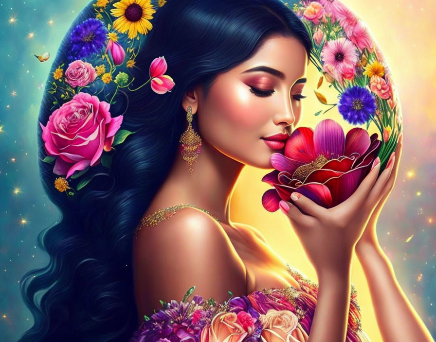 Digital artwork: Woman with black hair, vibrant flowers, red blossom, starry backdrop