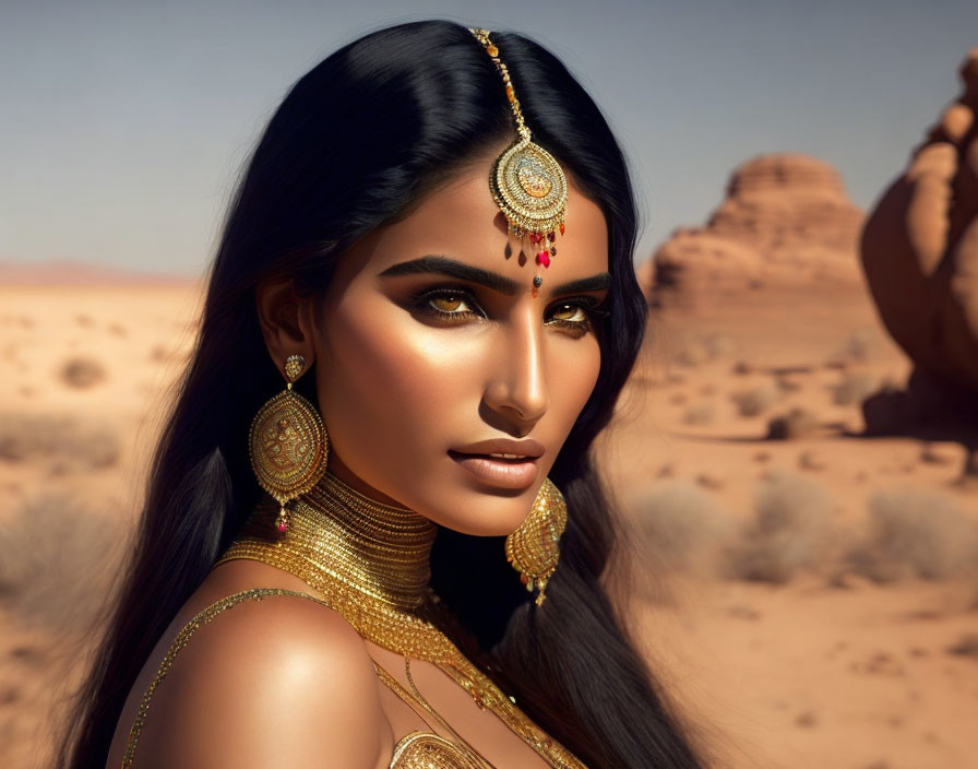 Elaborate gold jewelry on woman with dramatic makeup in desert setting