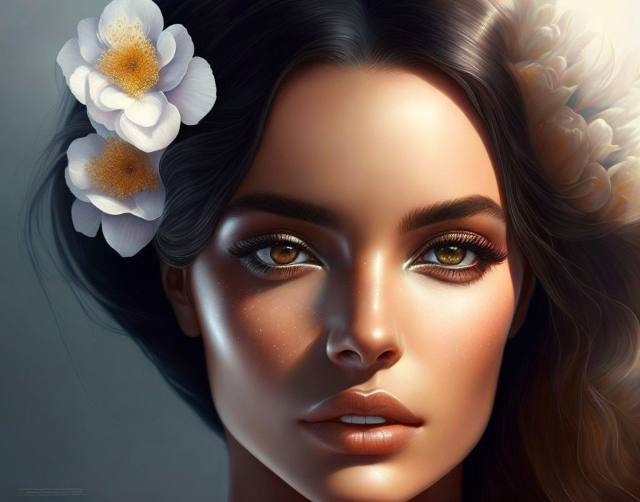 Detailed digital portrait of a woman with dark hair and brown eyes adorned with white flowers.