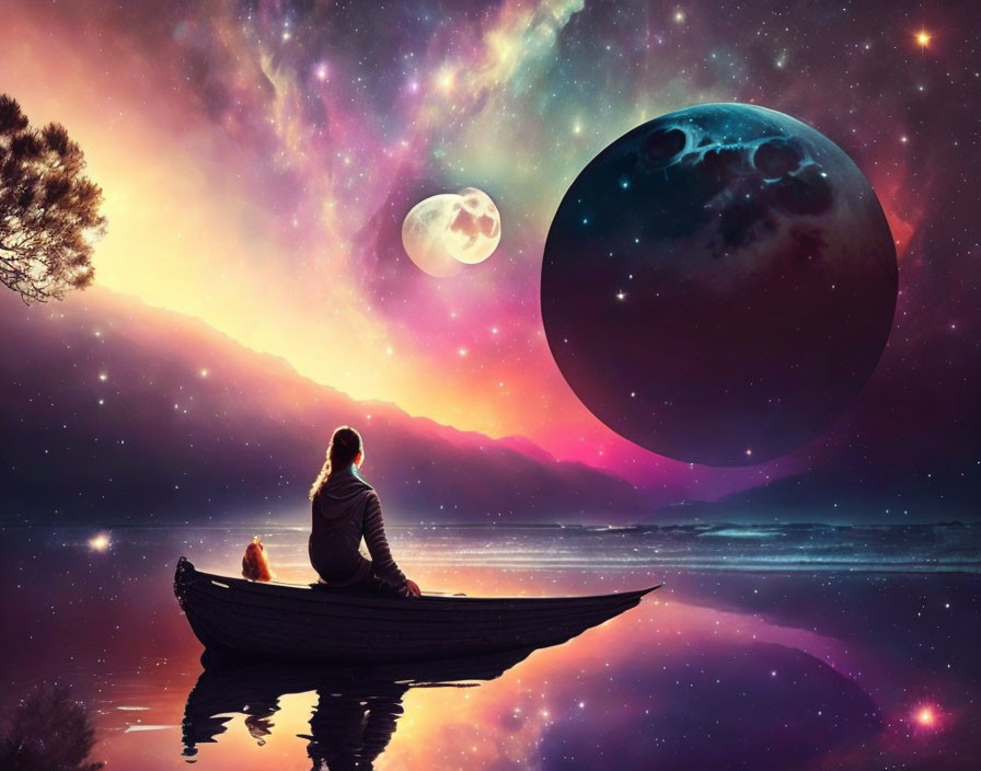 Person and cat in boat under starry sky with moons and nebula reflected in water