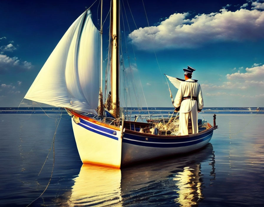 Sailor in white uniform on sailboat with full white sails at sea