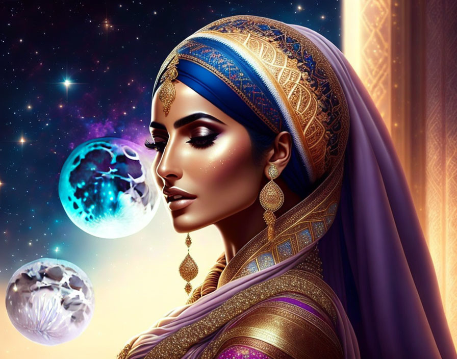 Illustrated woman in traditional attire with headscarf against cosmic background.