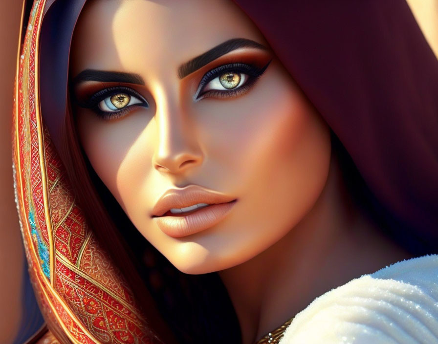 Digital artwork: Woman with striking eyes and headscarf.