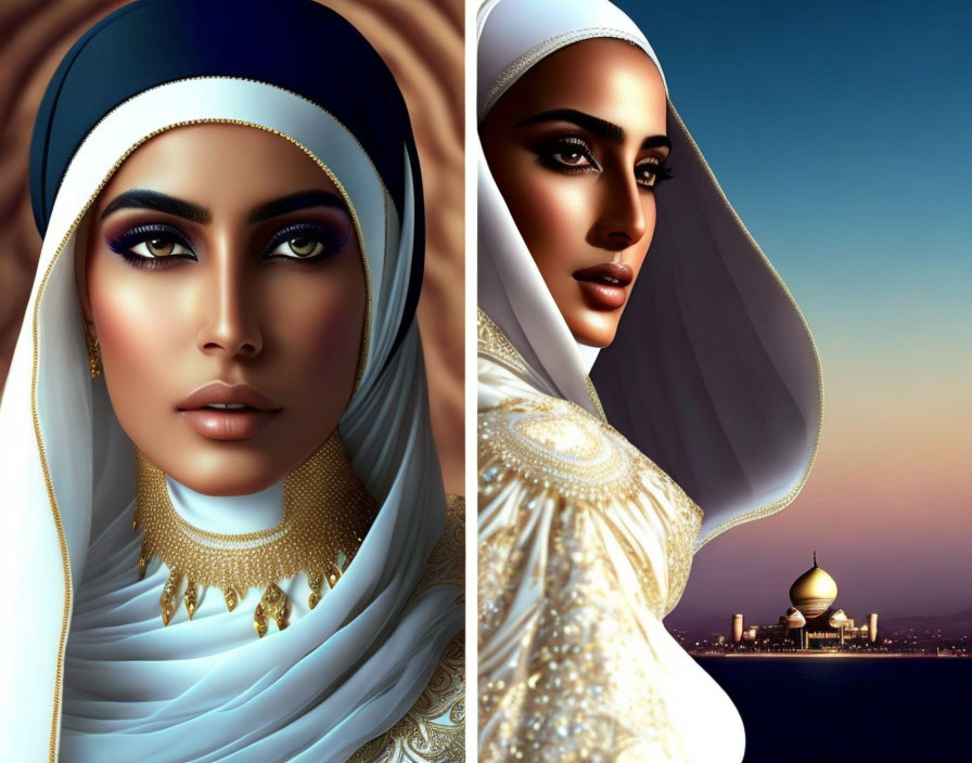 Woman in hijab with elegant attire against sunset and mosque silhouette