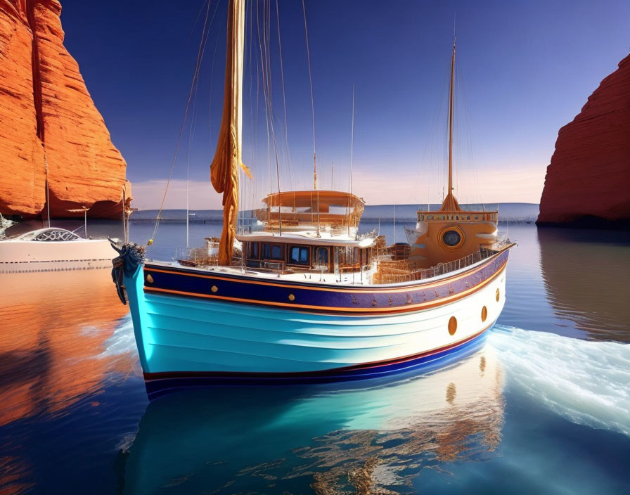 Luxurious yacht with blue and white stripes near red rock cliffs under clear blue sky