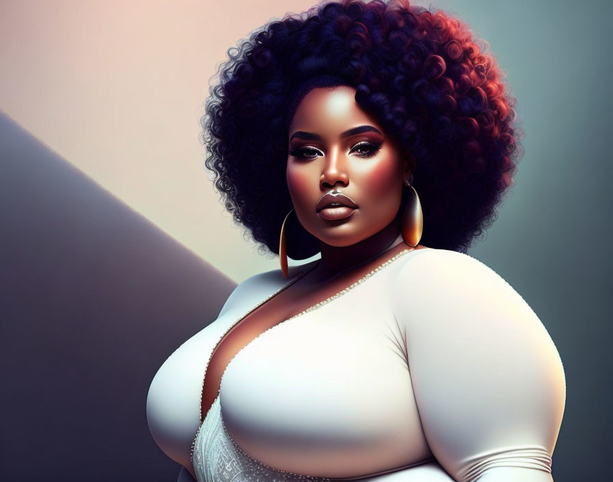 Digital artwork: Woman with voluminous curly hair, striking makeup, hoop earrings, and white top in