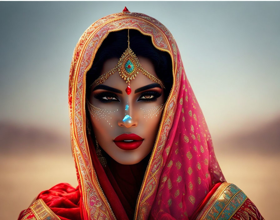 Elaborately adorned woman in red and gold veil against desert backdrop