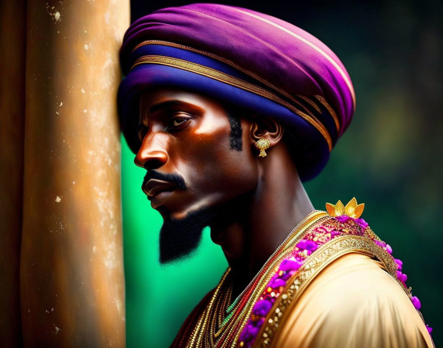 Man in Purple Turban Stands Beside Pillar in Warm Lighting