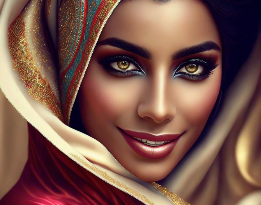 Detailed digital illustration of a smiling woman with blue eyes and colorful headscarf