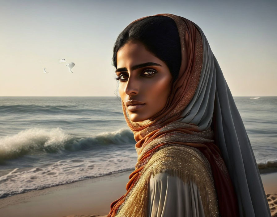 Woman in hijab gazing at camera with ocean and birds in background at dawn or dusk