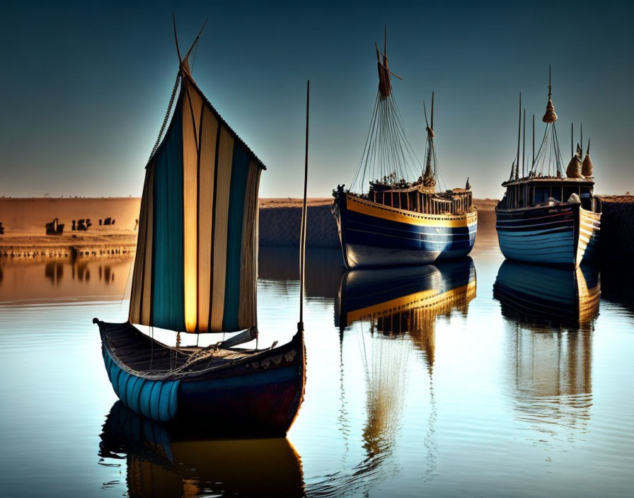 Colorful sails of traditional boats on calm waters at twilight