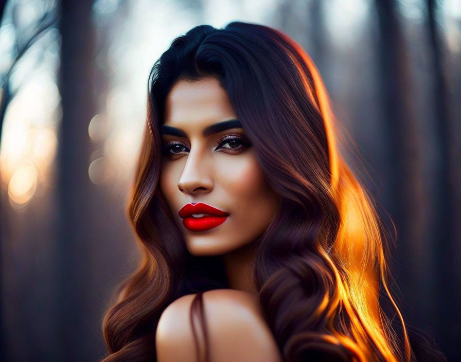 Woman with Red Lipstick and Wavy Hair in Forest Setting