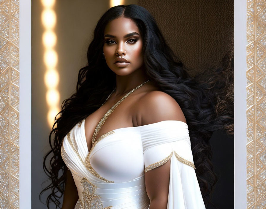 Long-haired woman in glam makeup, white & gold dress, posing elegantly in warm-lit room