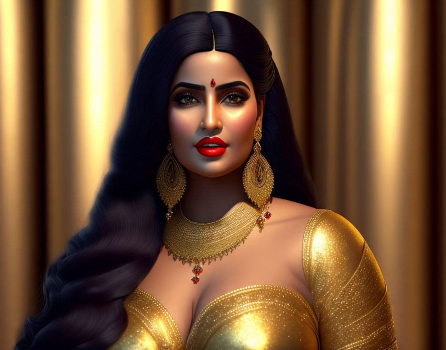 Digital illustration of a woman with long black hair, traditional gold jewelry, and outfit against curtain backdrop.