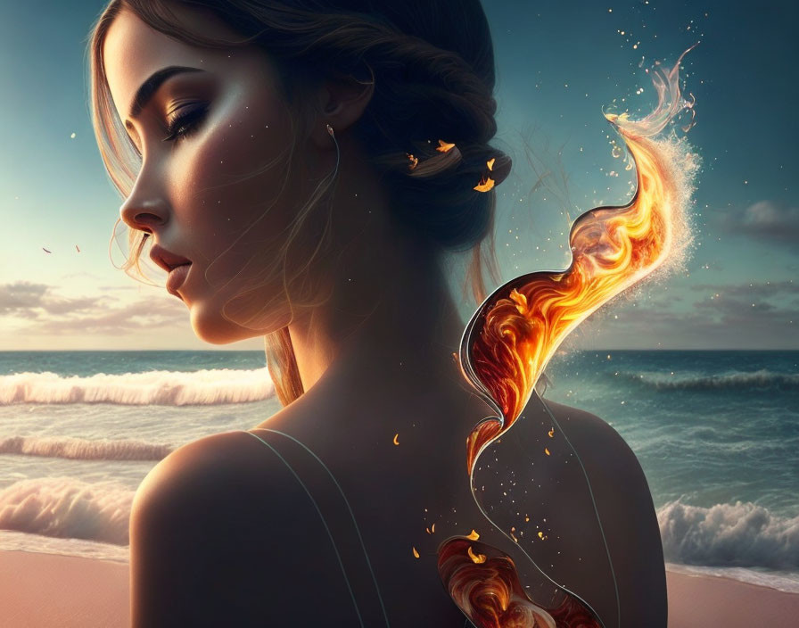 Woman with fiery wing design and butterflies on beach at sunset