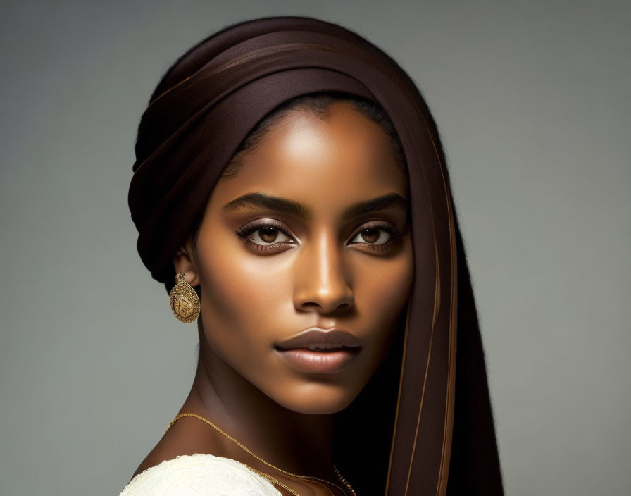 Woman's portrait with headwrap, striking eyes, and earring on neutral backdrop