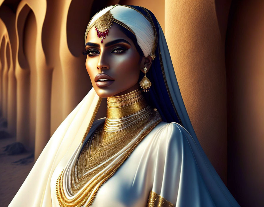 Digital artwork of a woman in gold jewelry and headscarf in desert setting