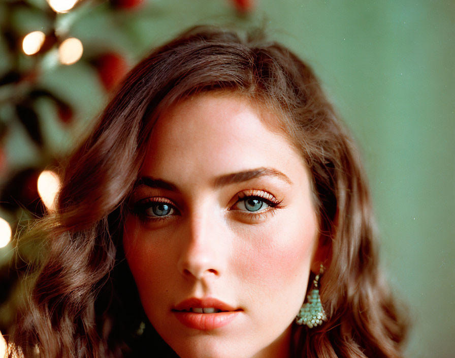 Portrait of woman with wavy hair and blue eyes against greenery and red accents