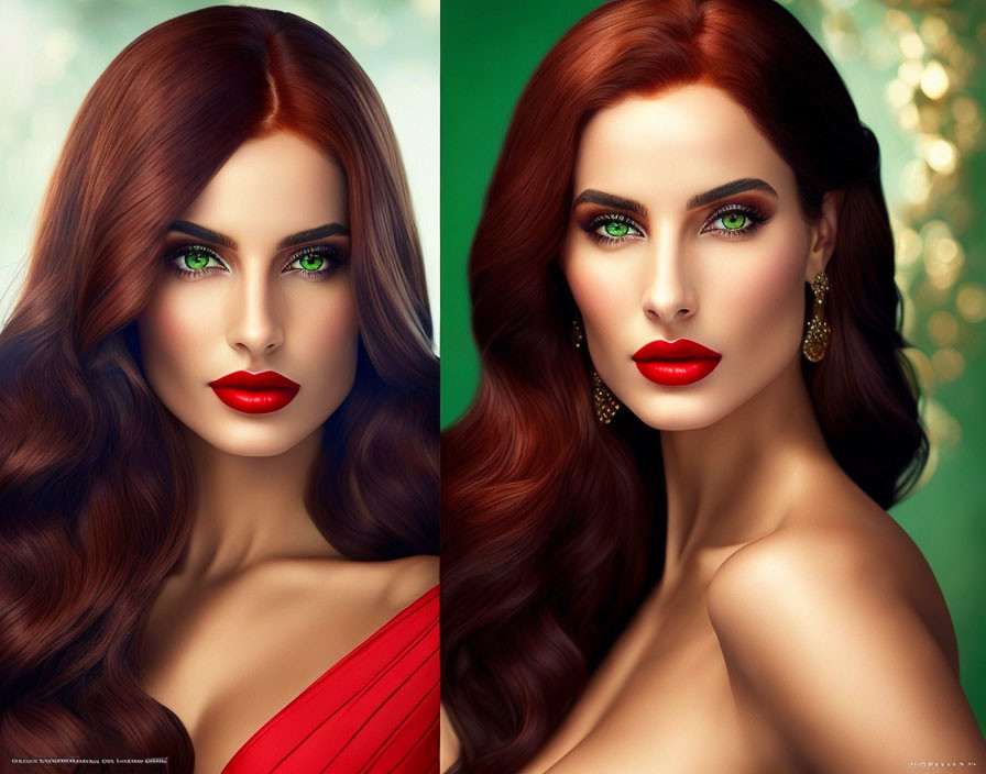 Vibrant digital artwork: Woman with red hair and green eyes