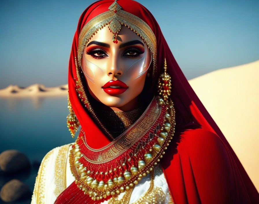 Traditional Indian Bridal Attire Illustration in Desert Setting