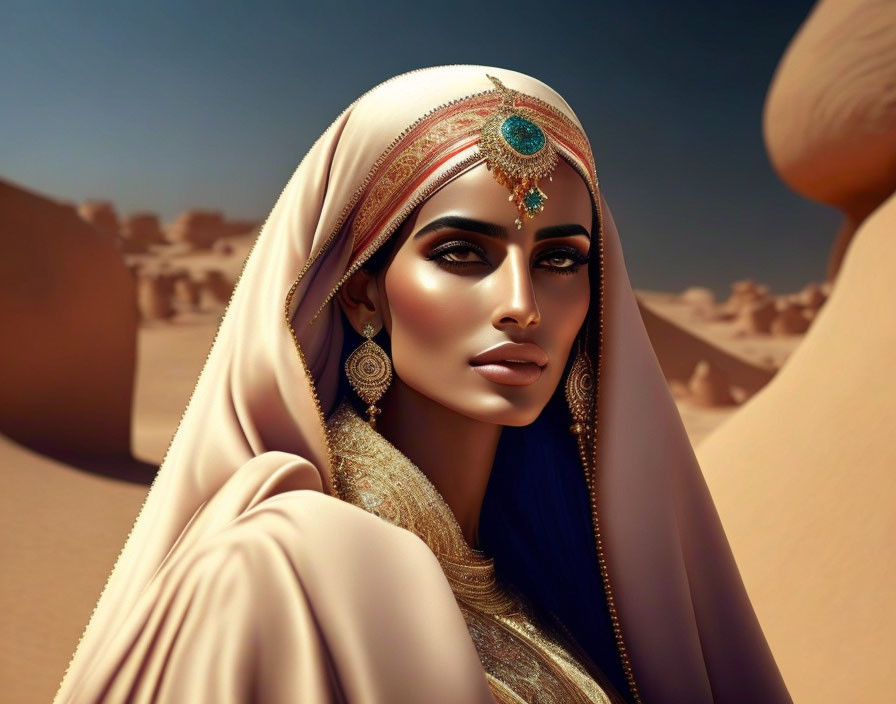 Woman with Headscarf and Ornate Jewelry in Desert Portrait