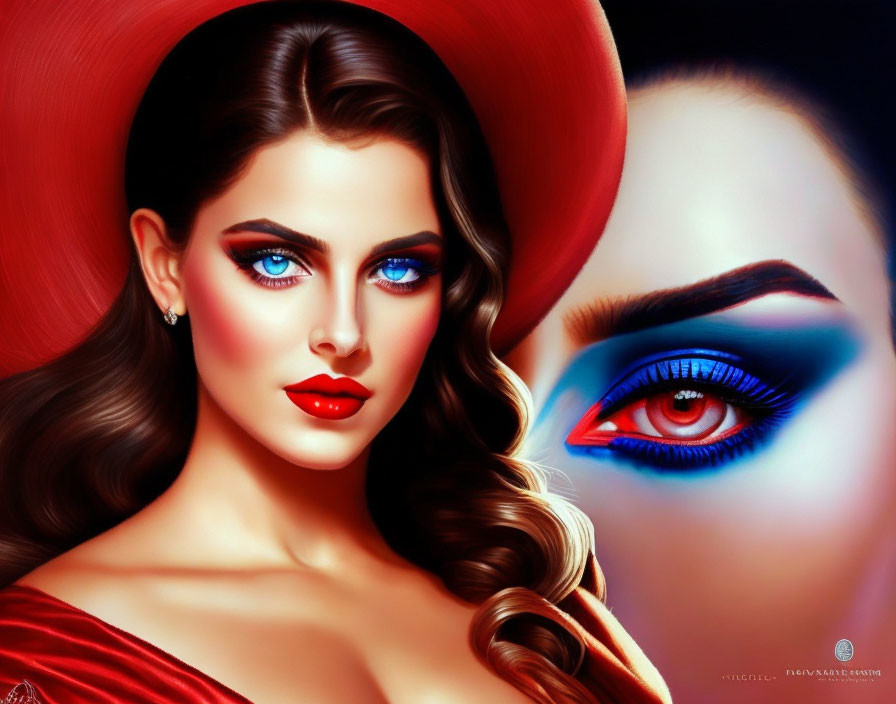 Vibrant digital artwork featuring woman with blue eyes and red hat, alongside colorful eye makeup.