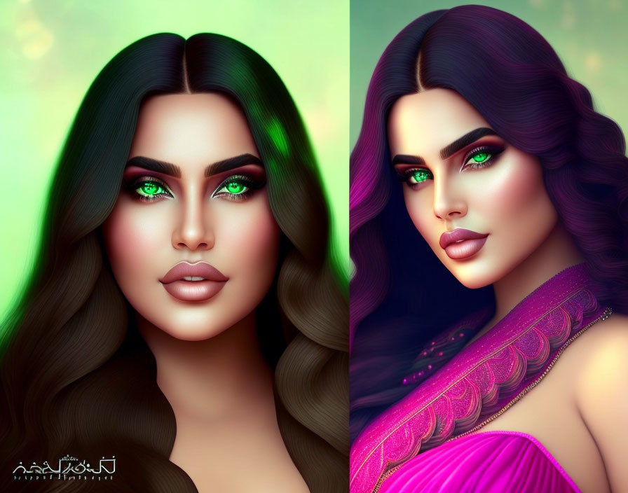 Woman digital artwork: green-eyed, smooth skin, wavy hair in two versions with different colors &