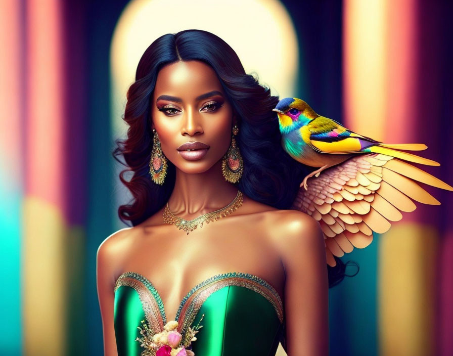 Colorful bird perched on woman's shoulder in vibrant digital artwork