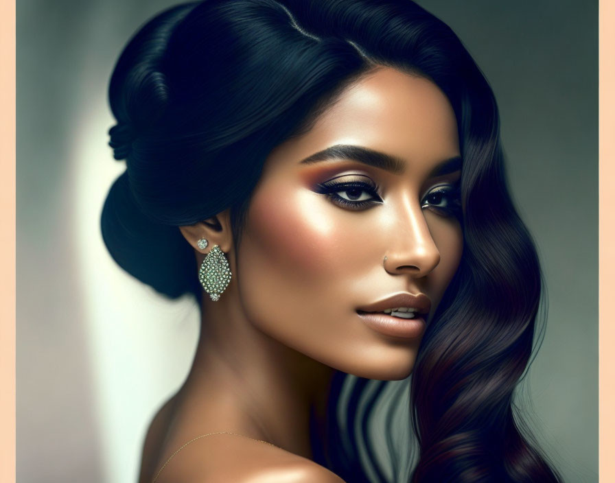 Elegant digital portrait of a woman with updo hairstyle & sparkling earrings