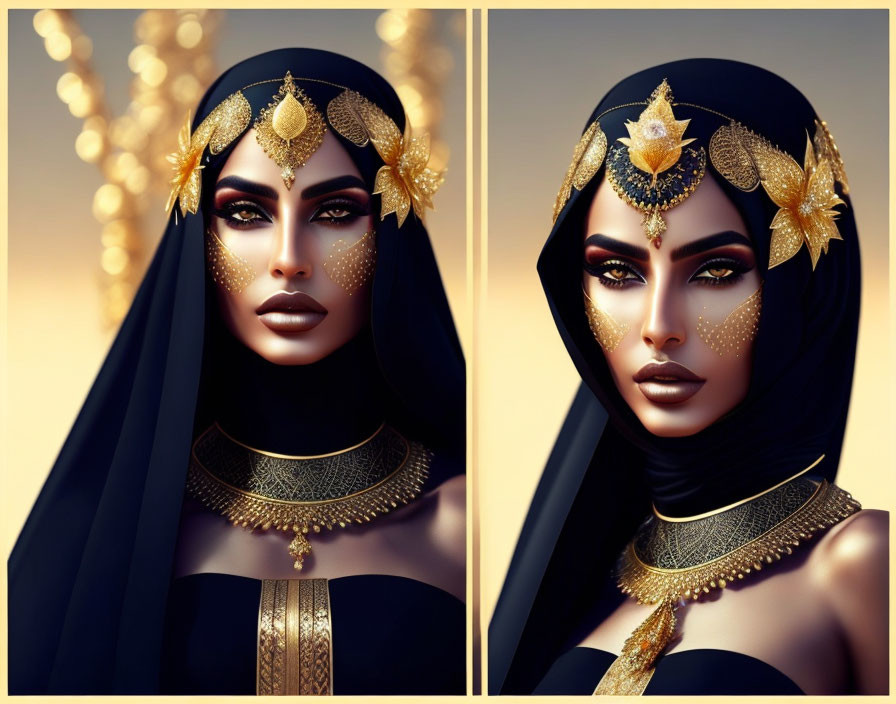 Woman adorned with golden jewelry: forehead piece, earrings, necklace, and veil.